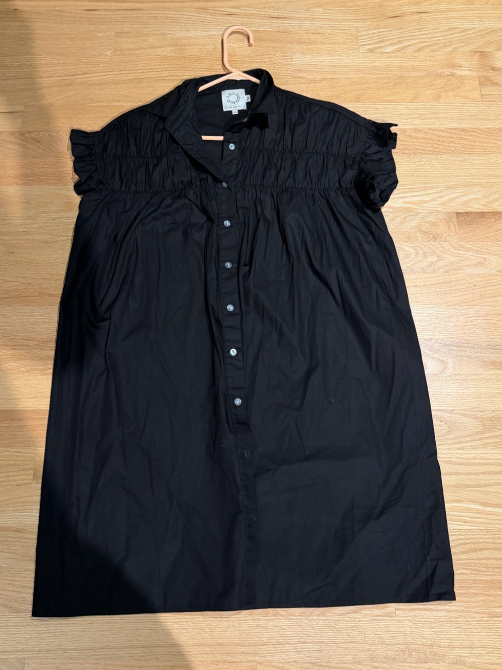Smocked Yoke Button-Front Mini Dress in Black